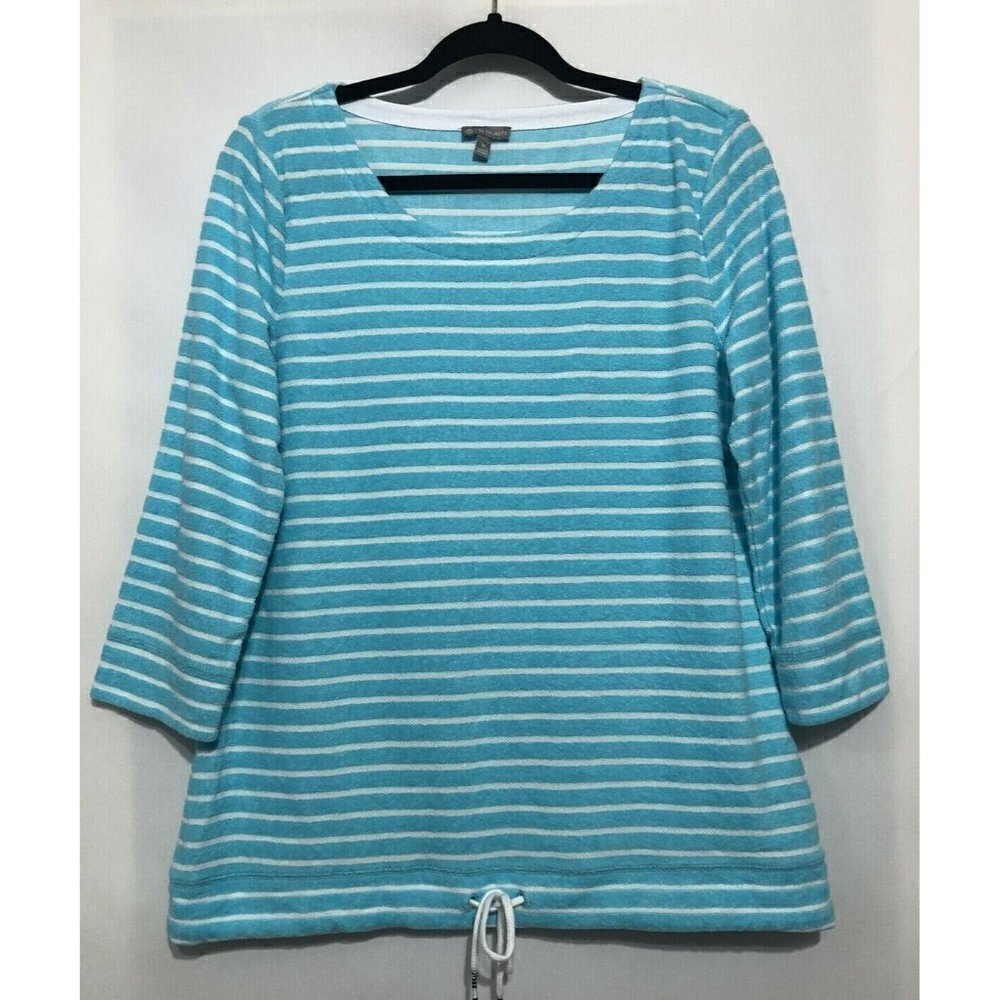 T by Talbots Womens Medium Aqua Blue White Striped Terry Cloth Top Beach